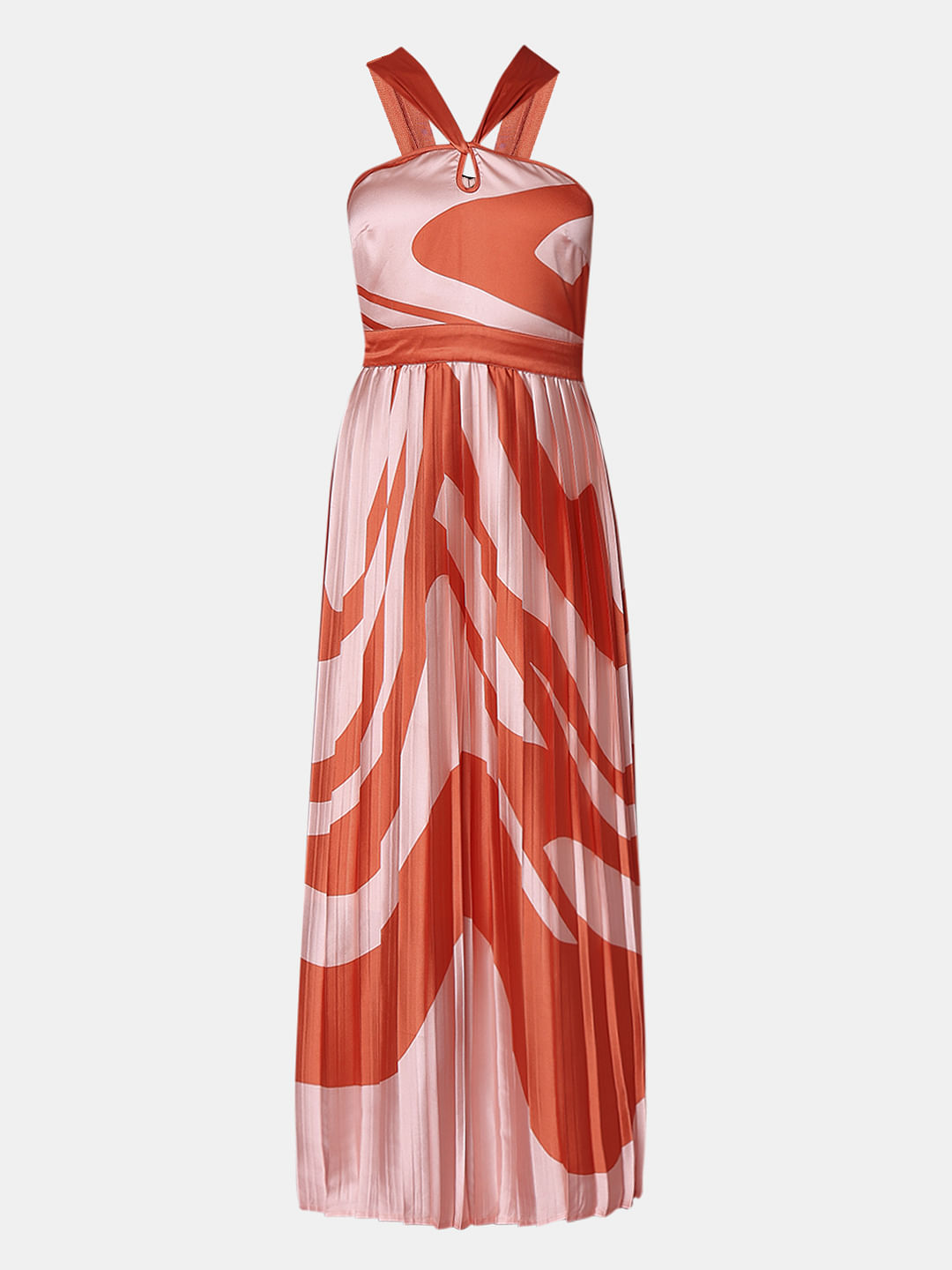 Peach Printed Pleated Maxi Dress