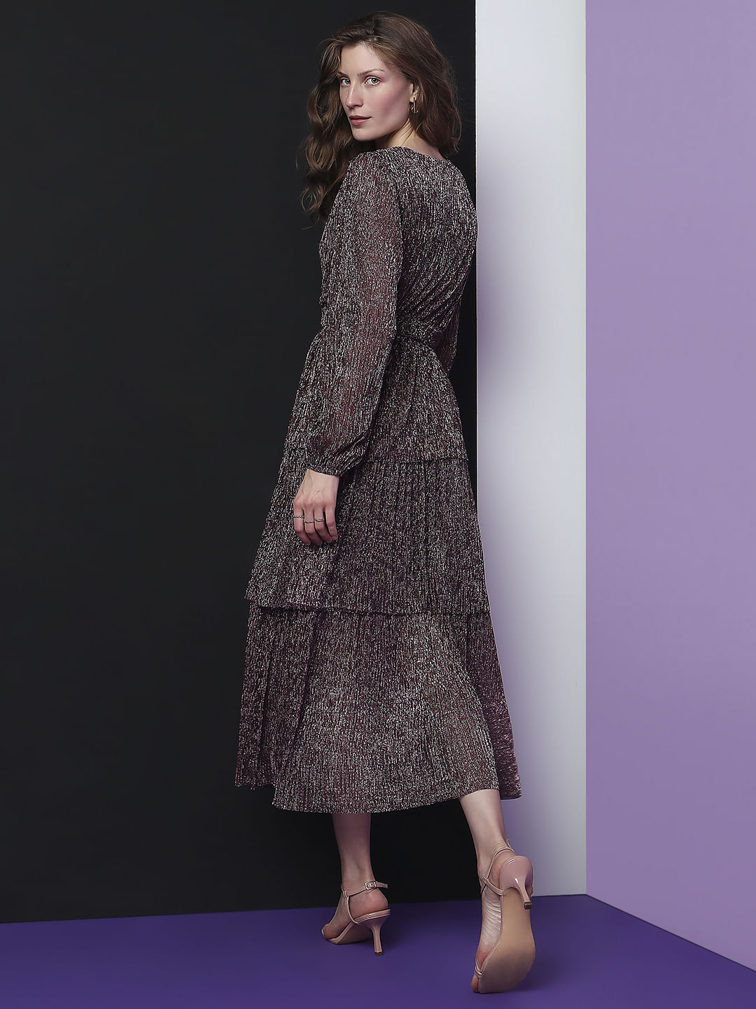 Marquee Purple Tiered Lurex Midi Dress