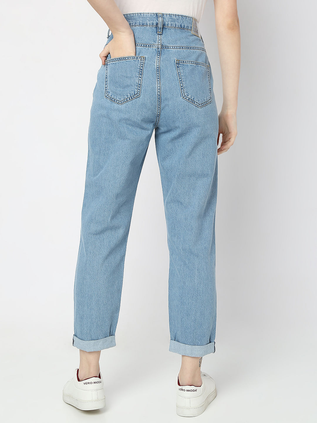 Blue High Rise Distressed Mom Fit Jeans