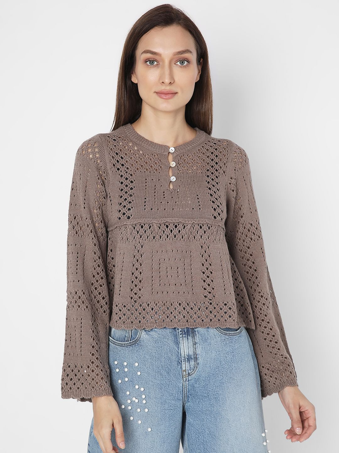 Dark Brown Crochet Peplum Pullover