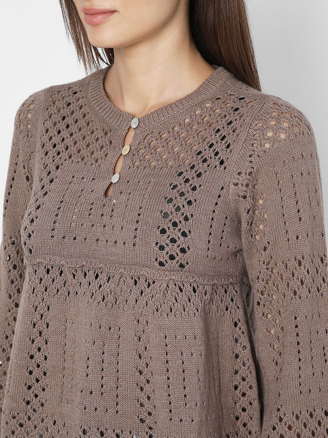 Dark Brown Crochet Peplum Pullover