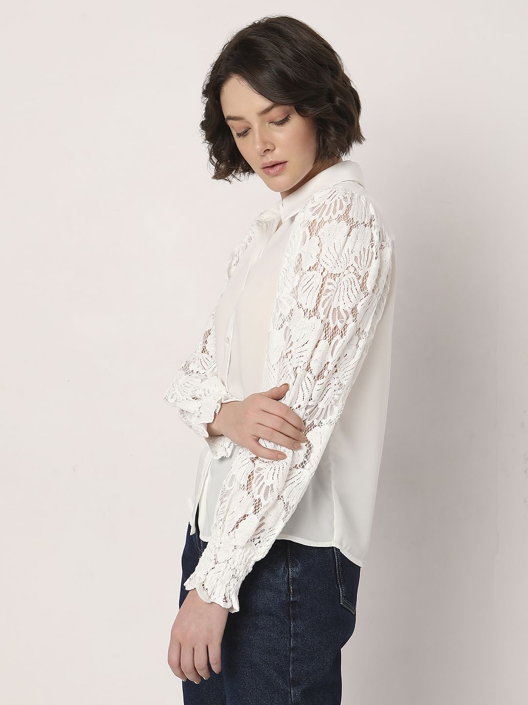 White Lace Sleeves Shirt