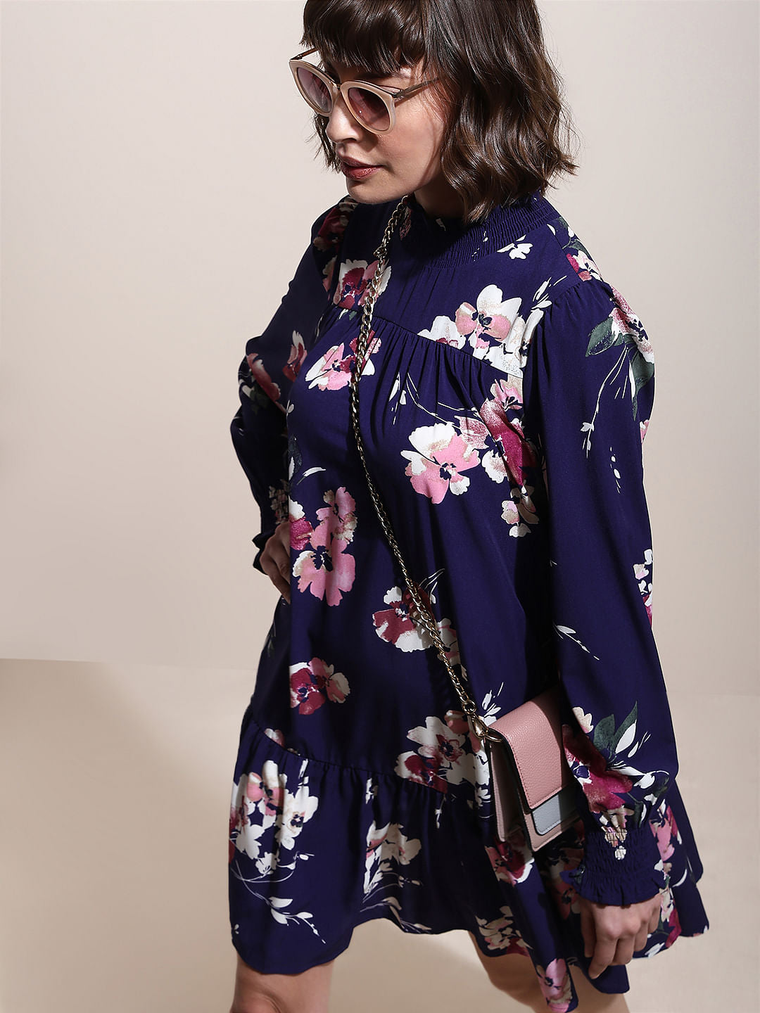 Dark Blue Floral Print Shift Dress