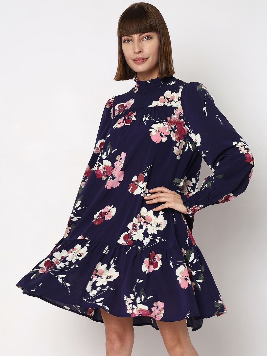 Dark Blue Floral Print Shift Dress