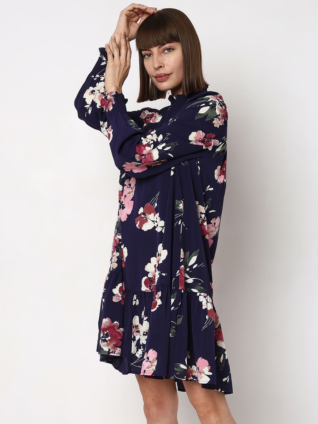 Dark Blue Floral Print Shift Dress