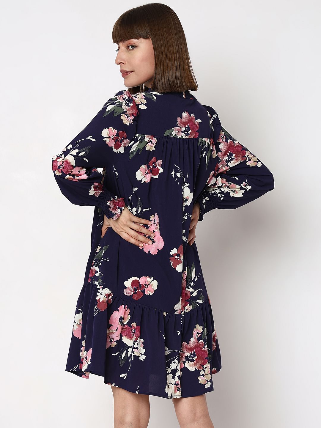 Dark Blue Floral Print Shift Dress