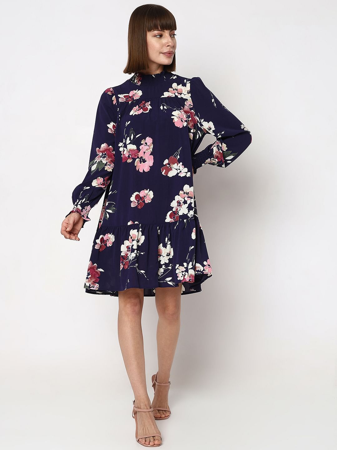 Dark Blue Floral Print Shift Dress
