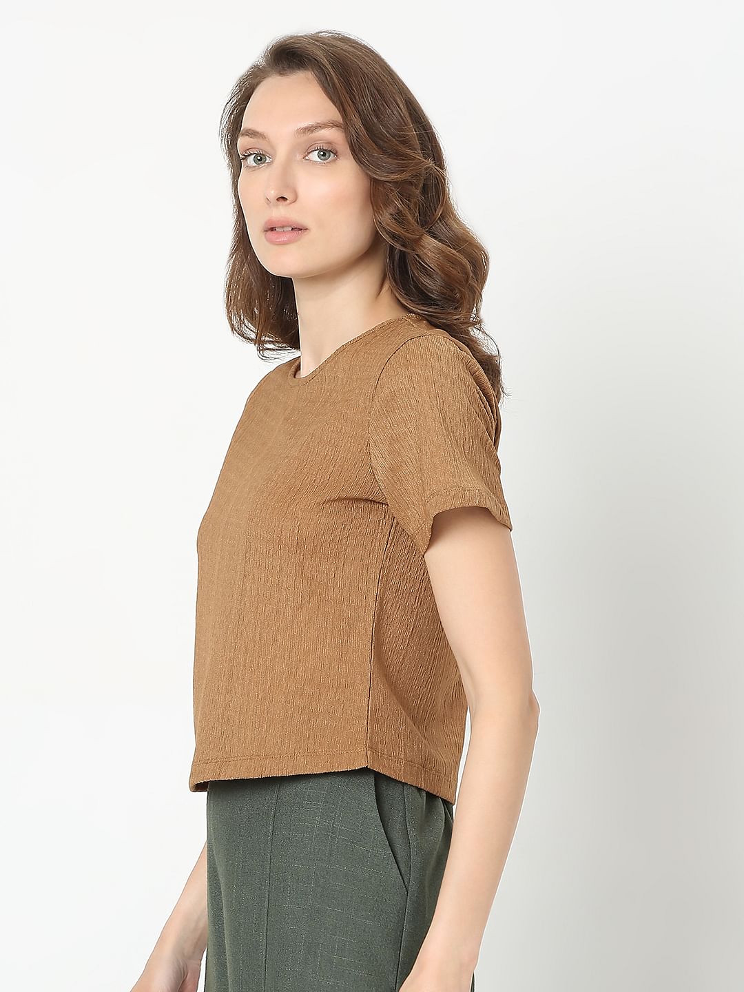 Brown Short Sleeves Top