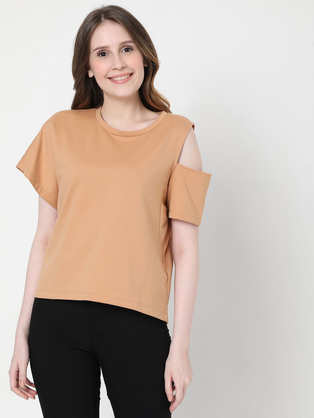 Light Brown Asymmertic Sleeves T-Shirt