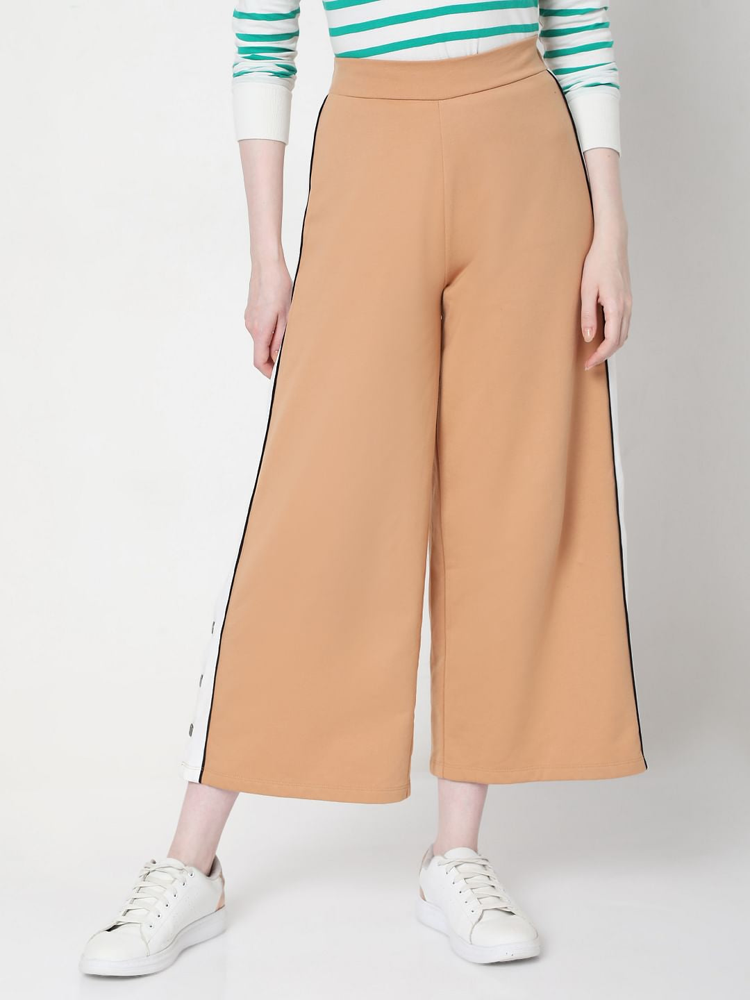 Beige High Rise Wide Leg Pants