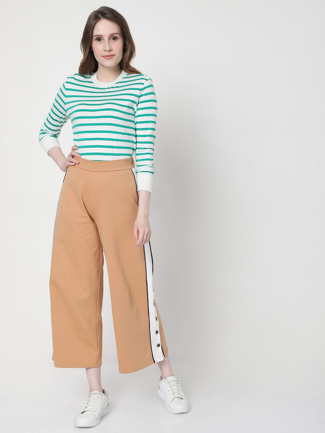 Beige High Rise Wide Leg Pants