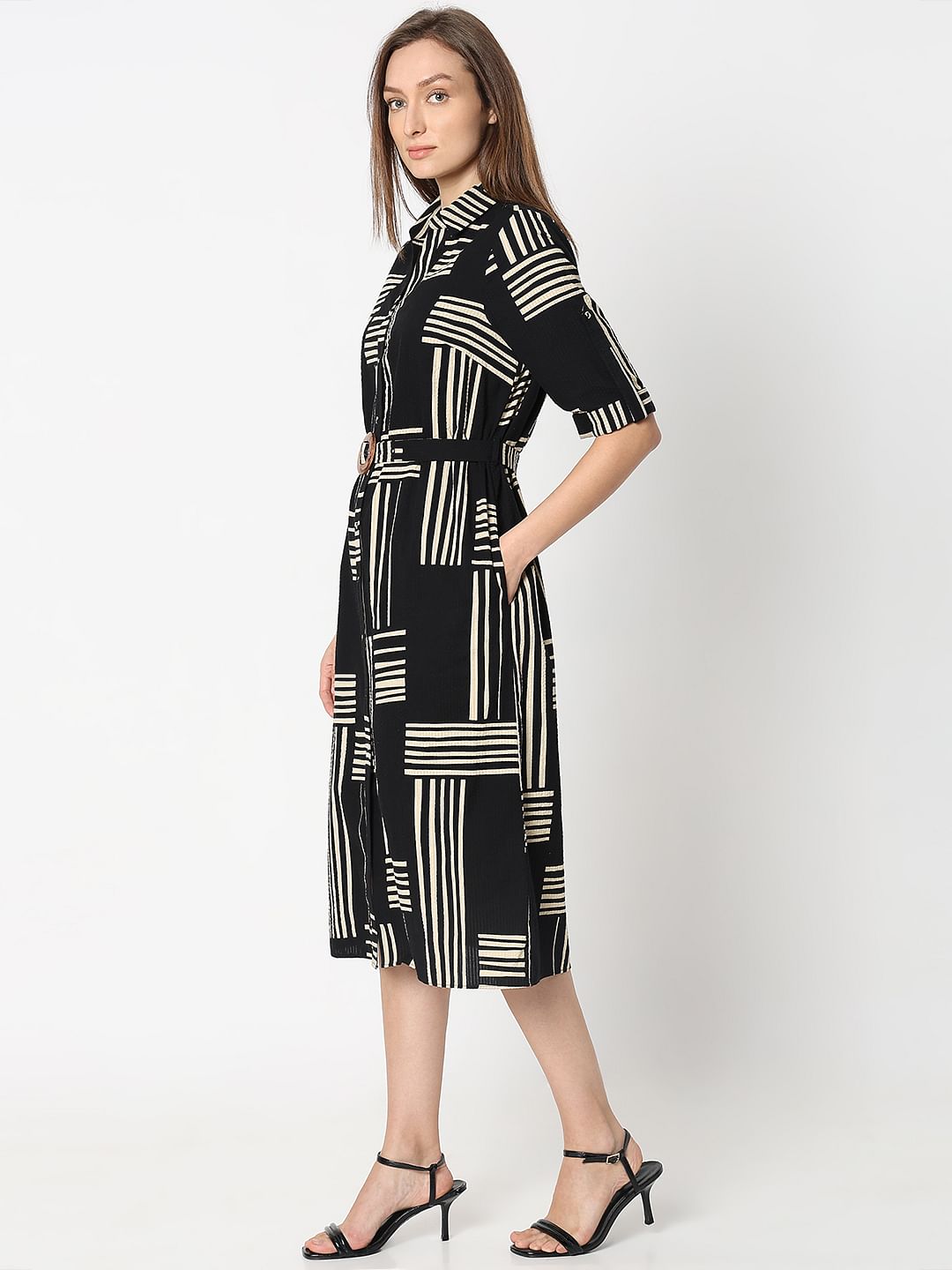 Black Printed Midi Shirt Dress