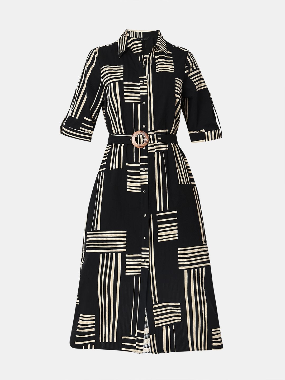 Black Printed Midi Shirt Dress