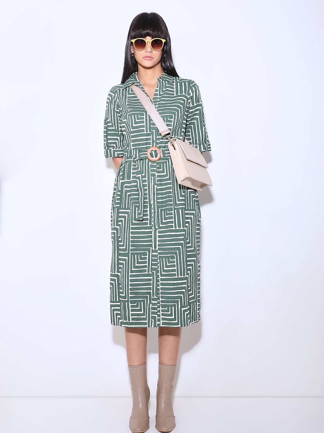 Green Geometric Print Shirt Dress
