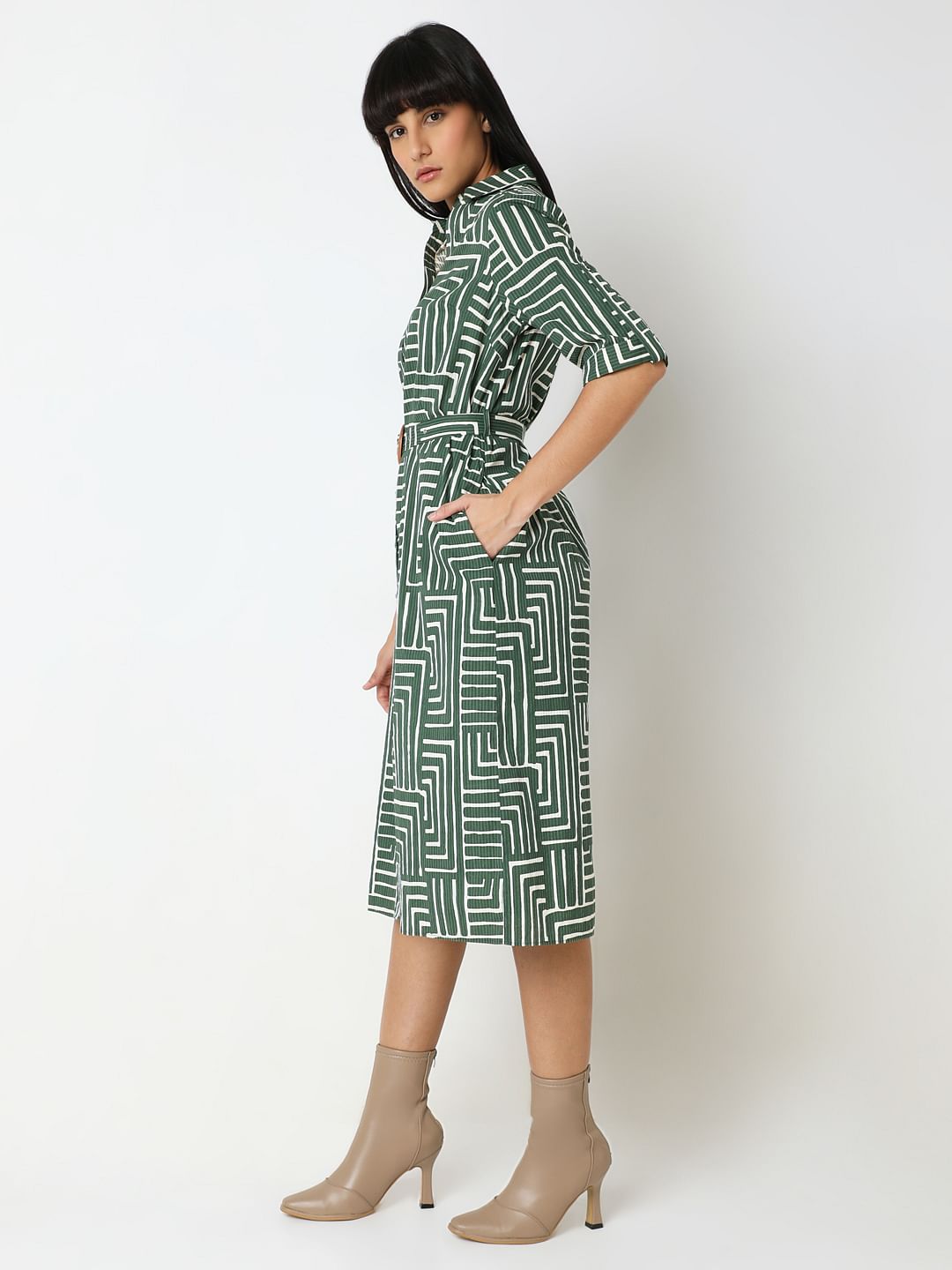 Green Geometric Print Shirt Dress