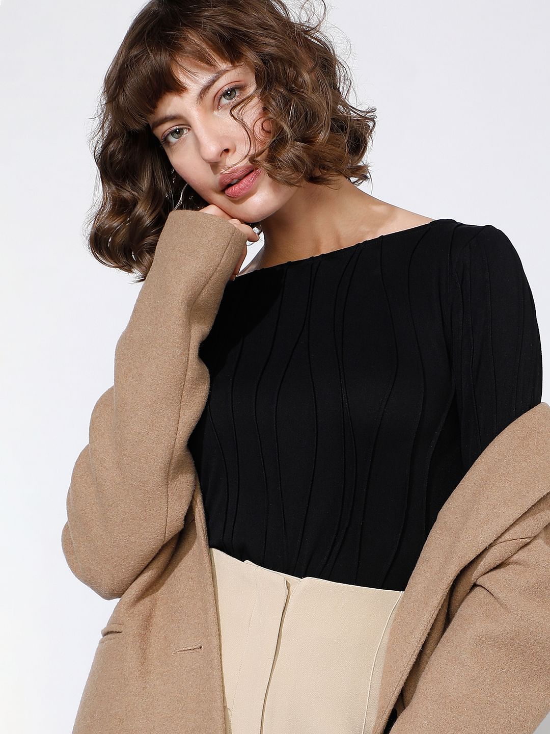 Black Textured Boatneck Top