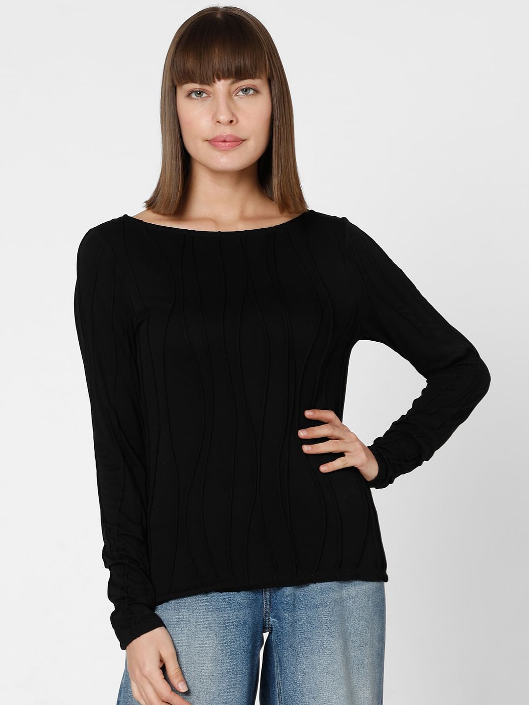 Black Textured Boatneck Top