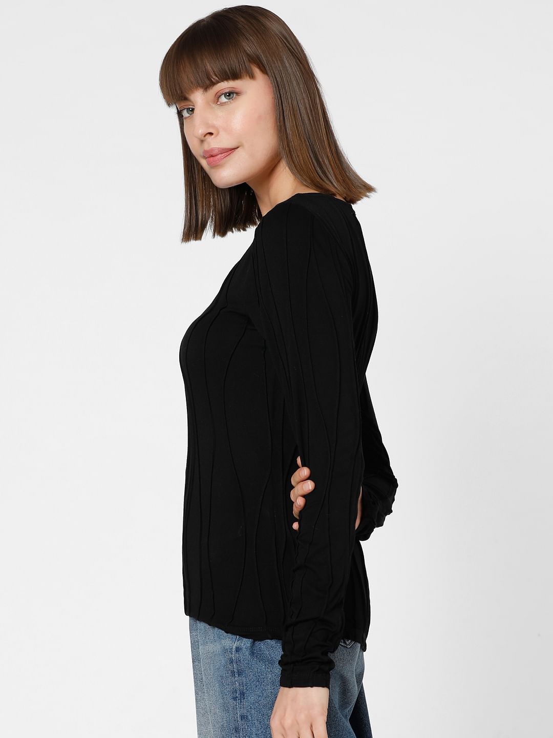 Black Textured Boatneck Top