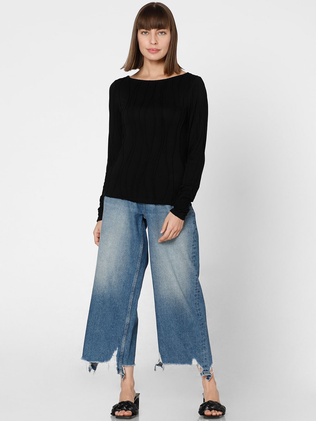 Black Textured Boatneck Top