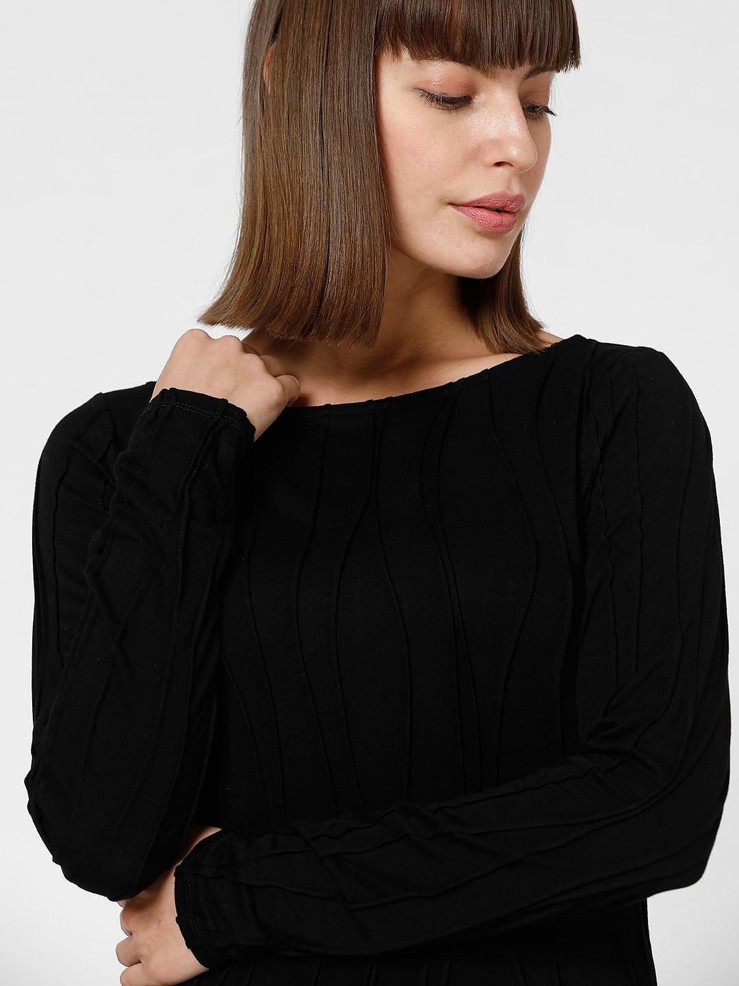 Black Textured Boatneck Top