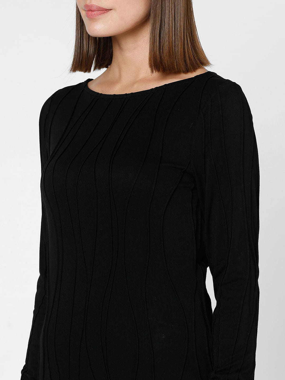 Black Textured Boatneck Top