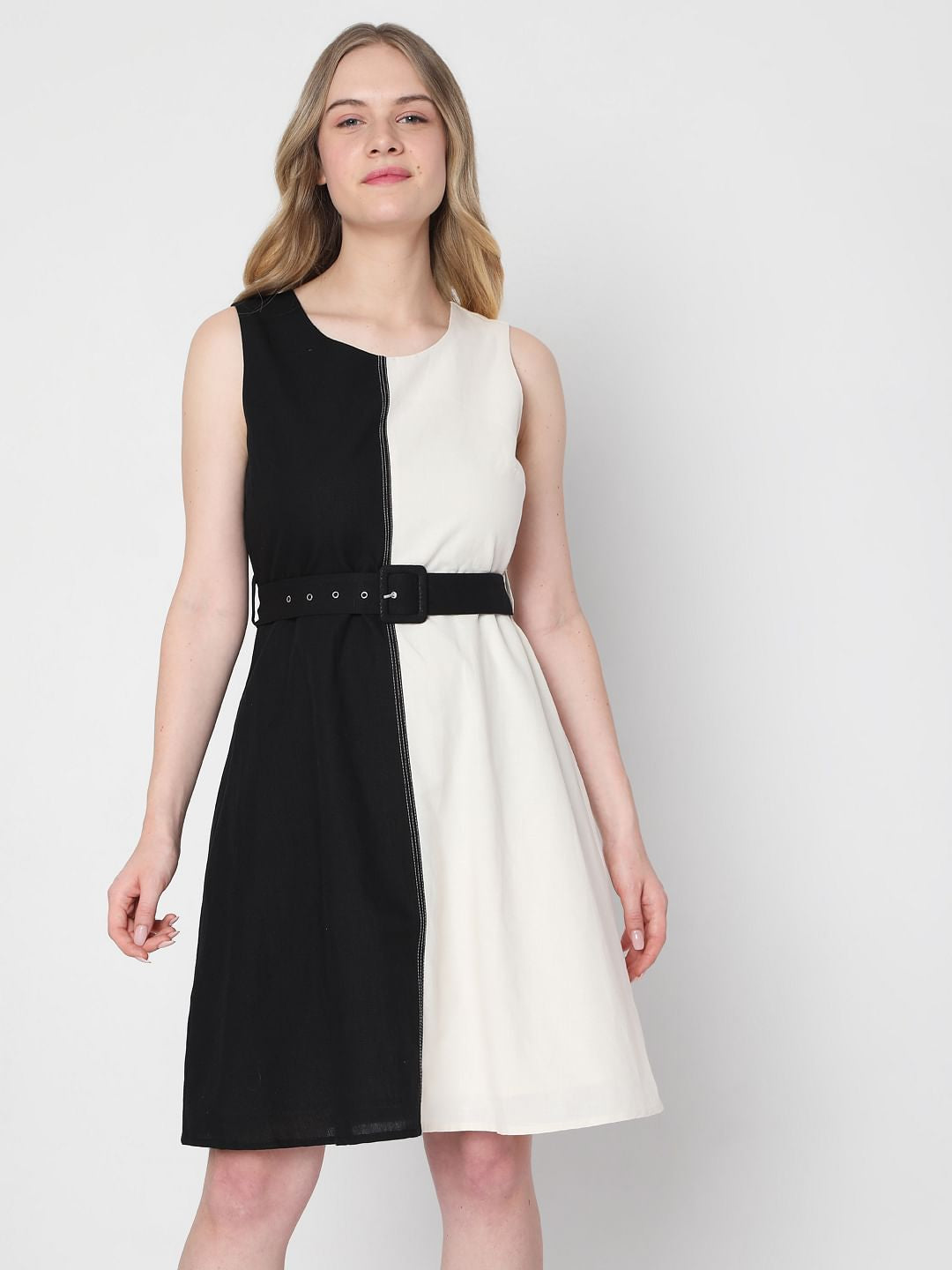 White Colourblocked Fit & Flare Dress