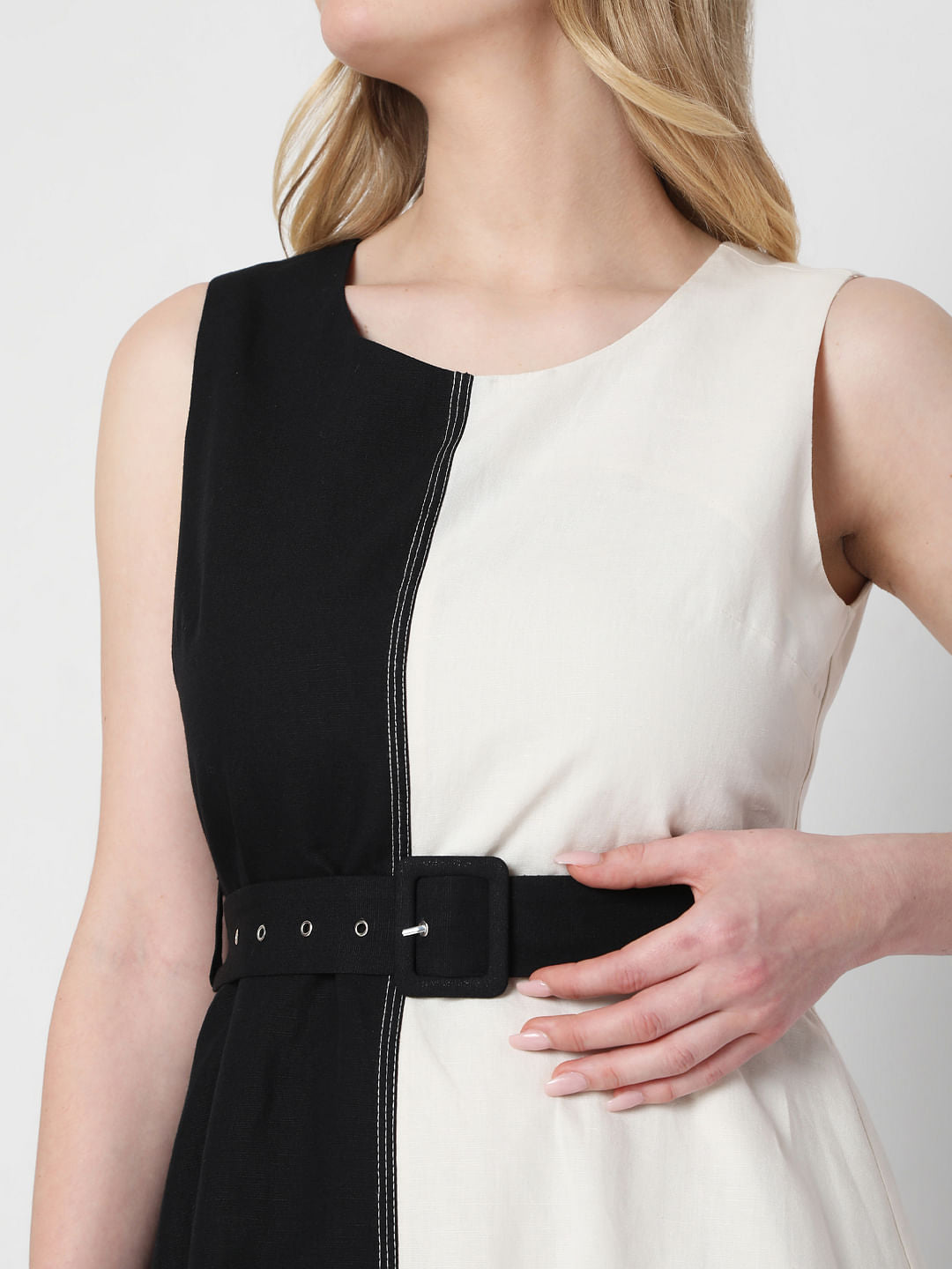 White Colourblocked Fit & Flare Dress