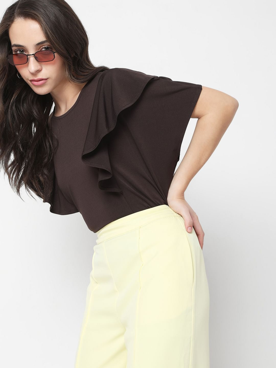 Brown Ruffle Sleeves Plain Top