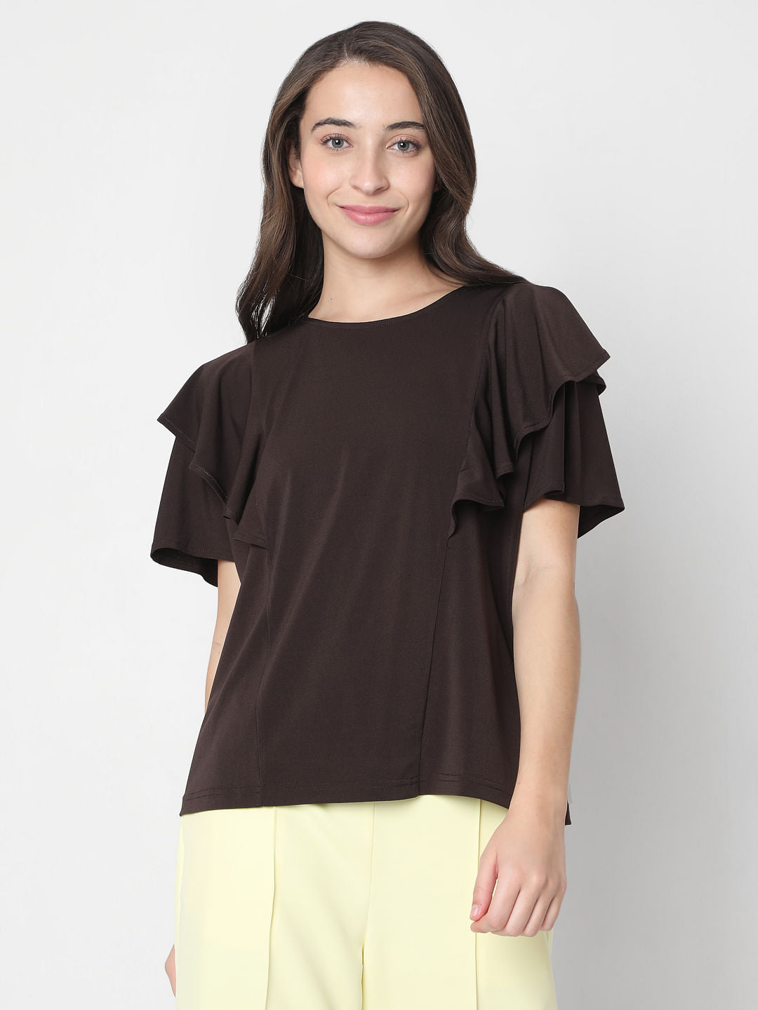 Brown Ruffle Sleeves Plain Top