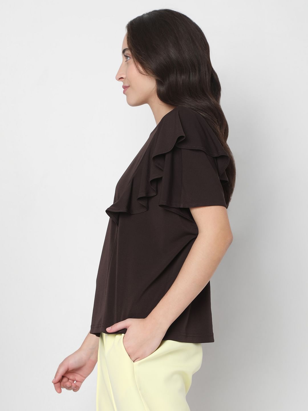 Brown Ruffle Sleeves Plain Top