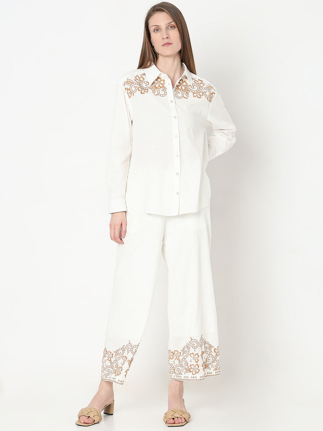 White Embroidered Co-Ord Set Shirt