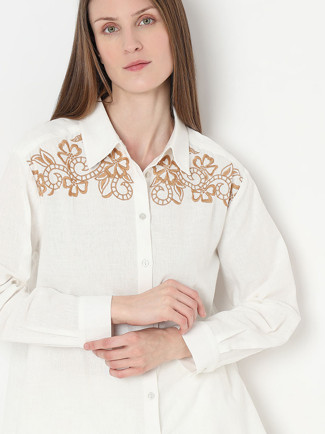 White Embroidered Co-Ord Set Shirt