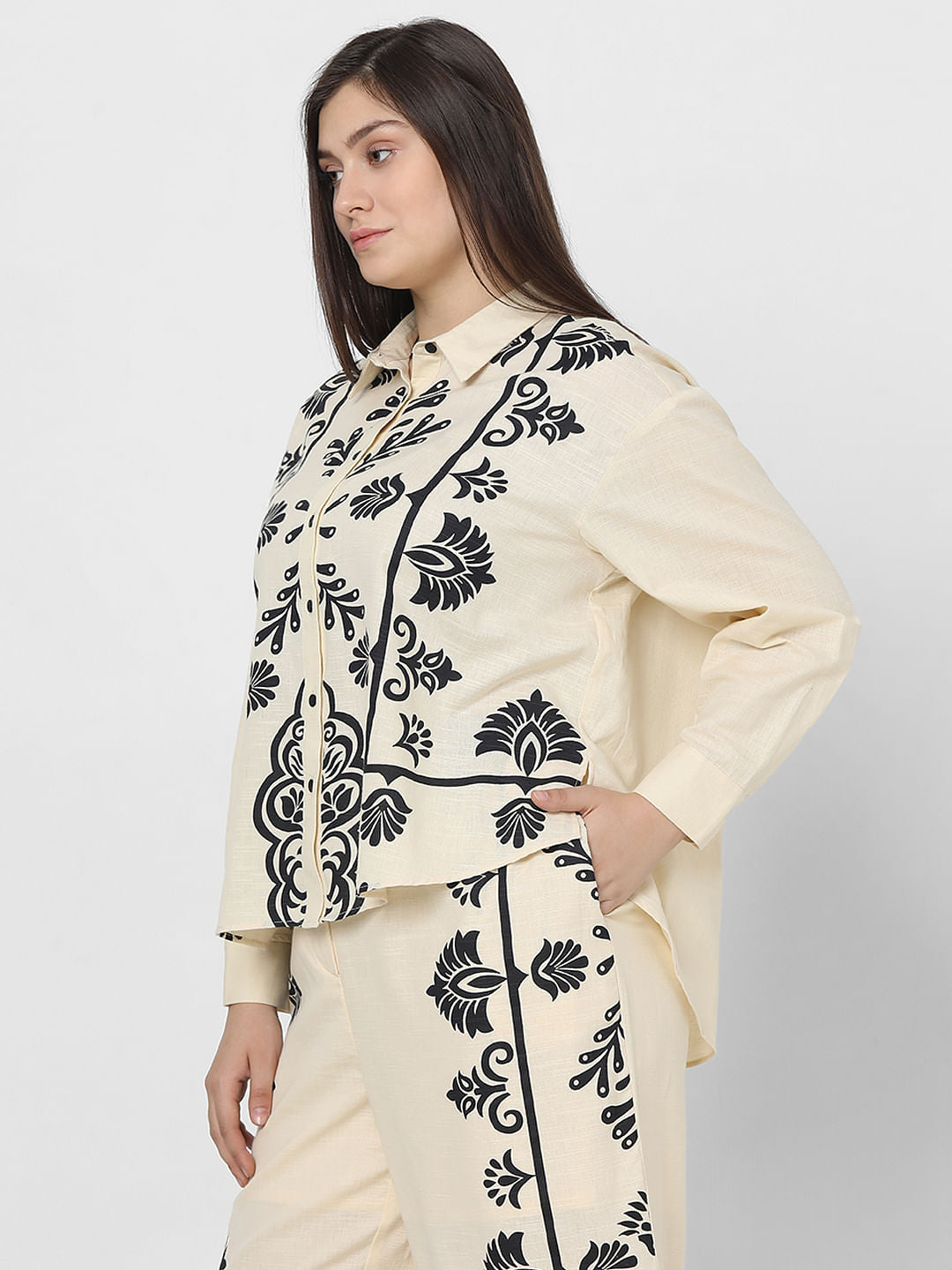 Curve Beige Printed Co-Ord Shirt