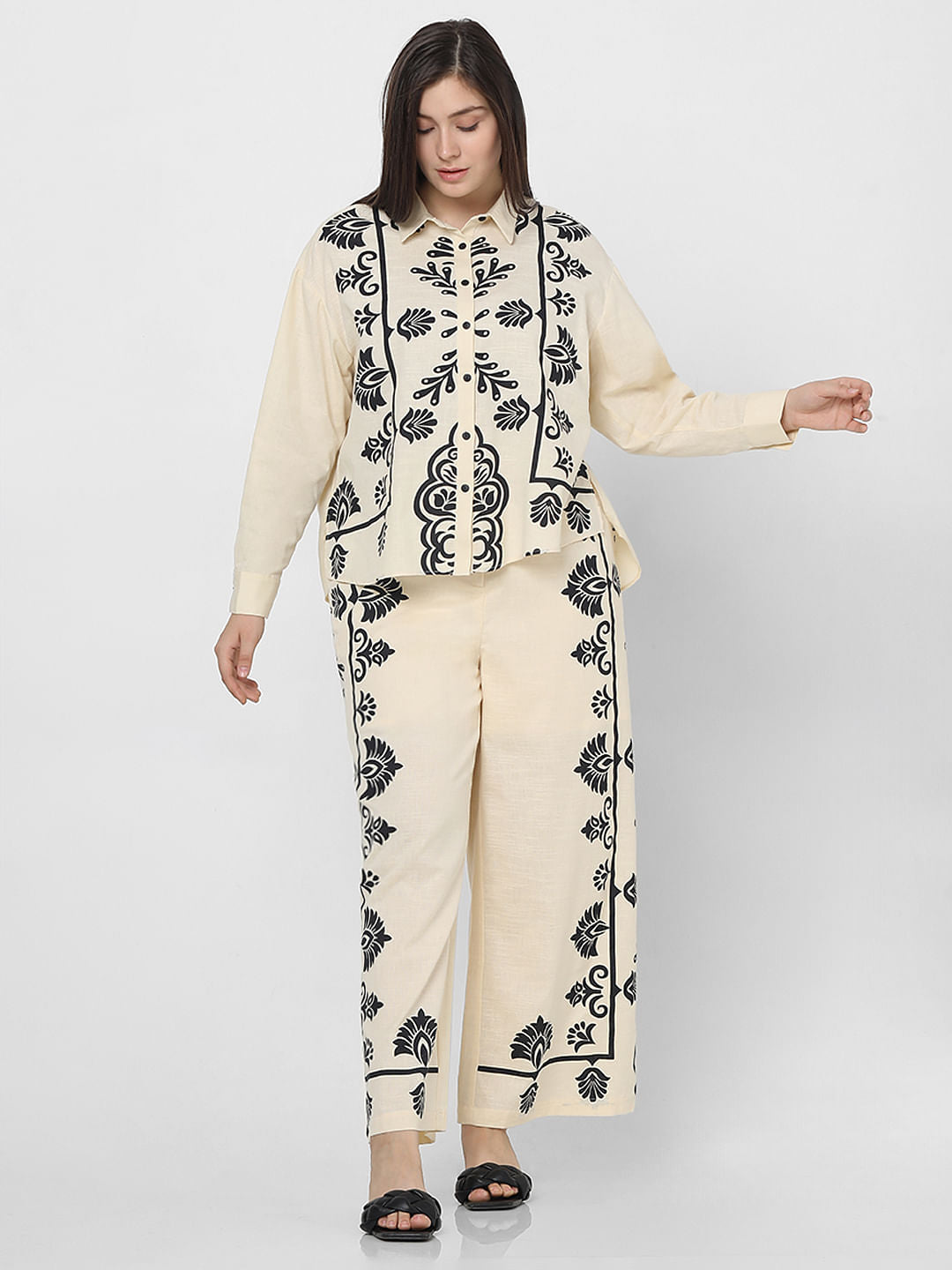 Curve Beige Printed Co-Ord Shirt