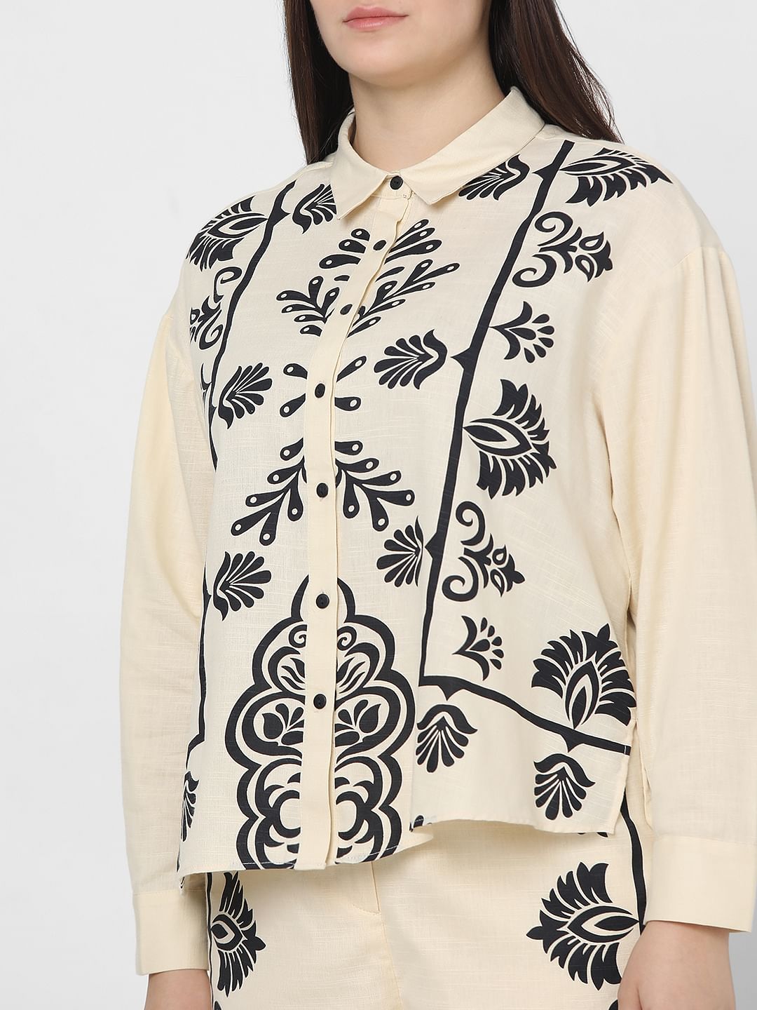 Curve Beige Printed Co-Ord Shirt