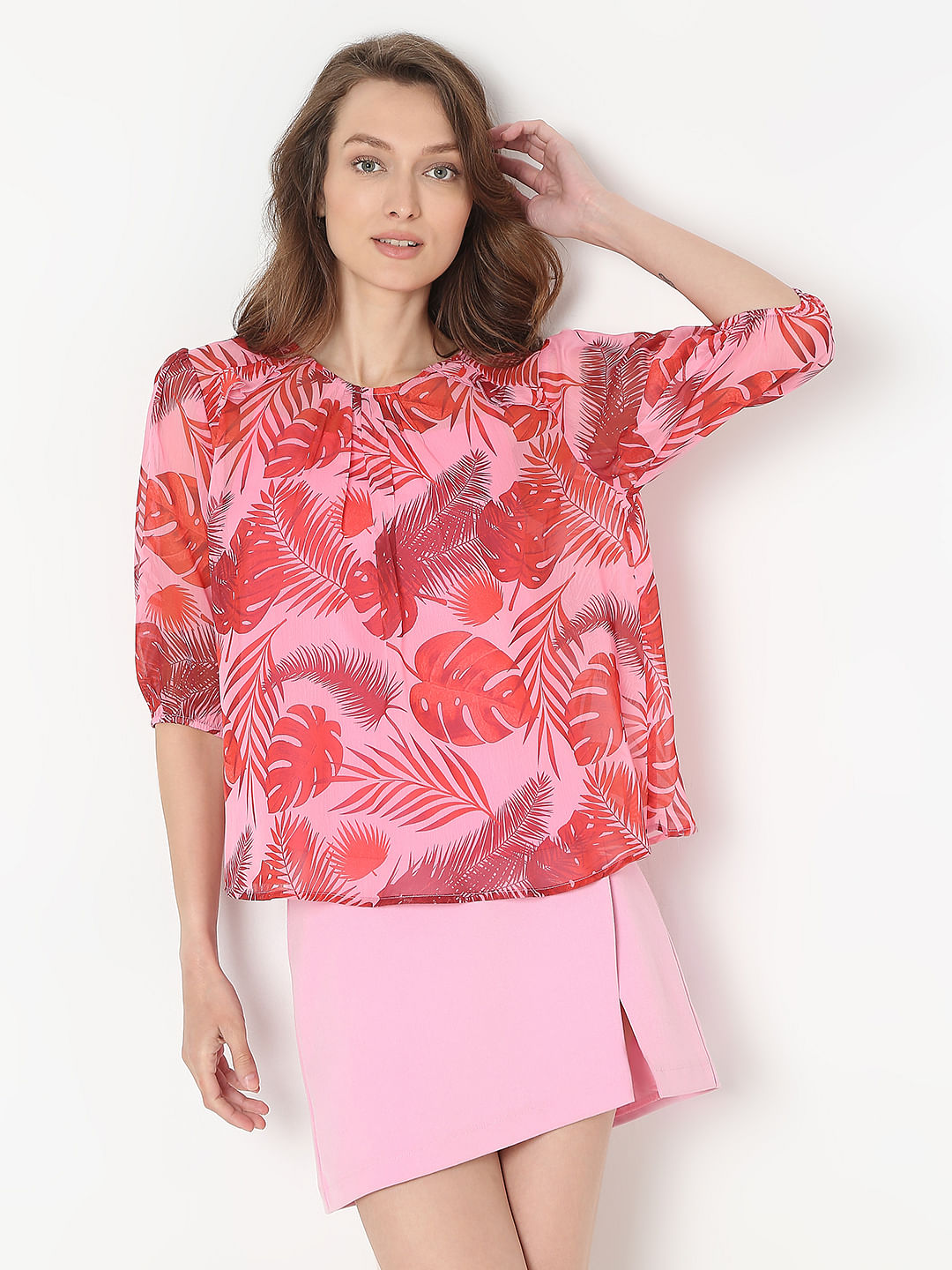 Pink Tropical Print Top