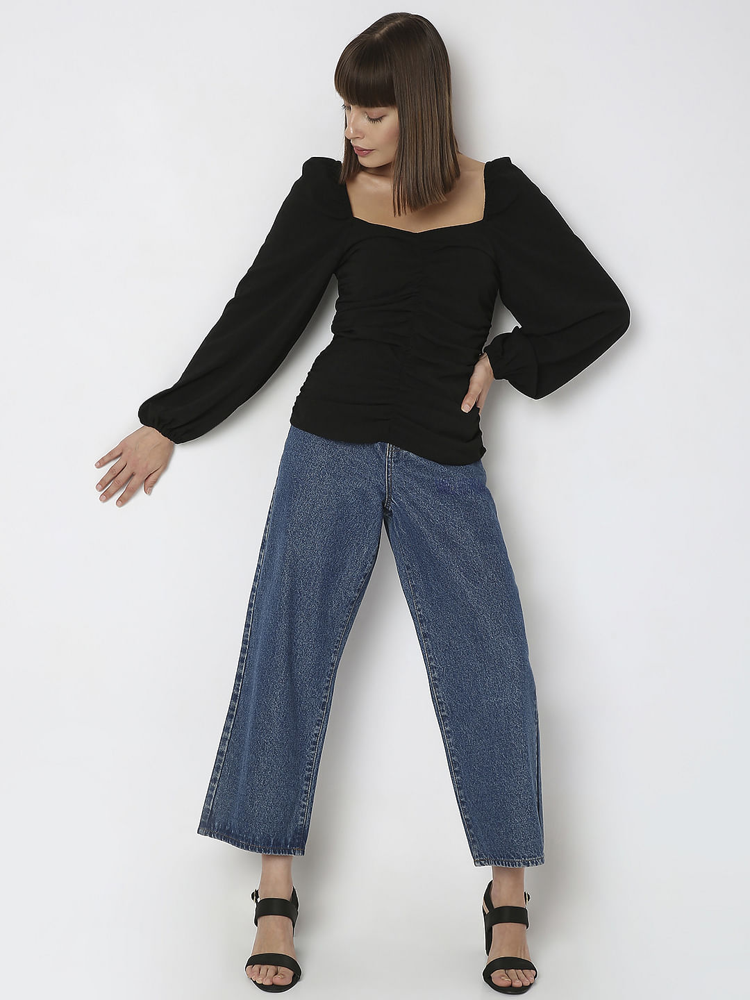 Black Ruched Volume Sleeves Top