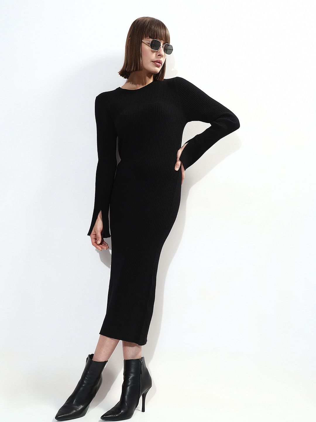 Black Rib Knit Bodycon Dress