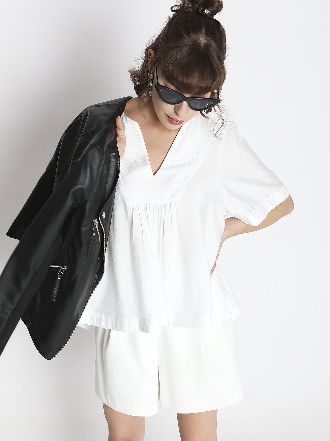 White V-Neck Flared Top