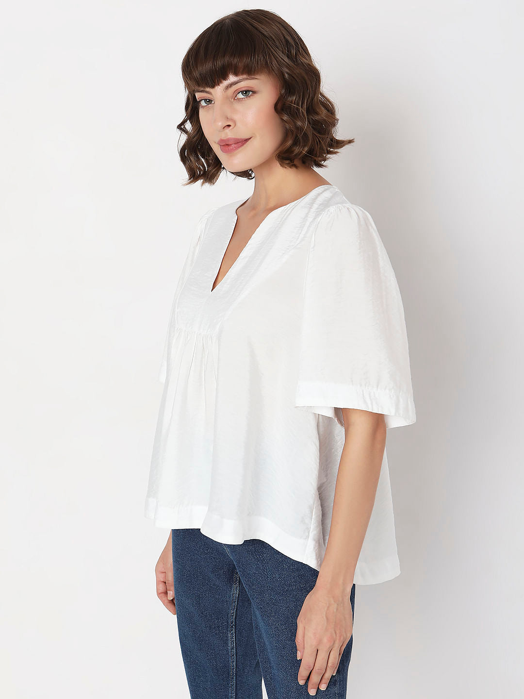 White V-Neck Flared Top