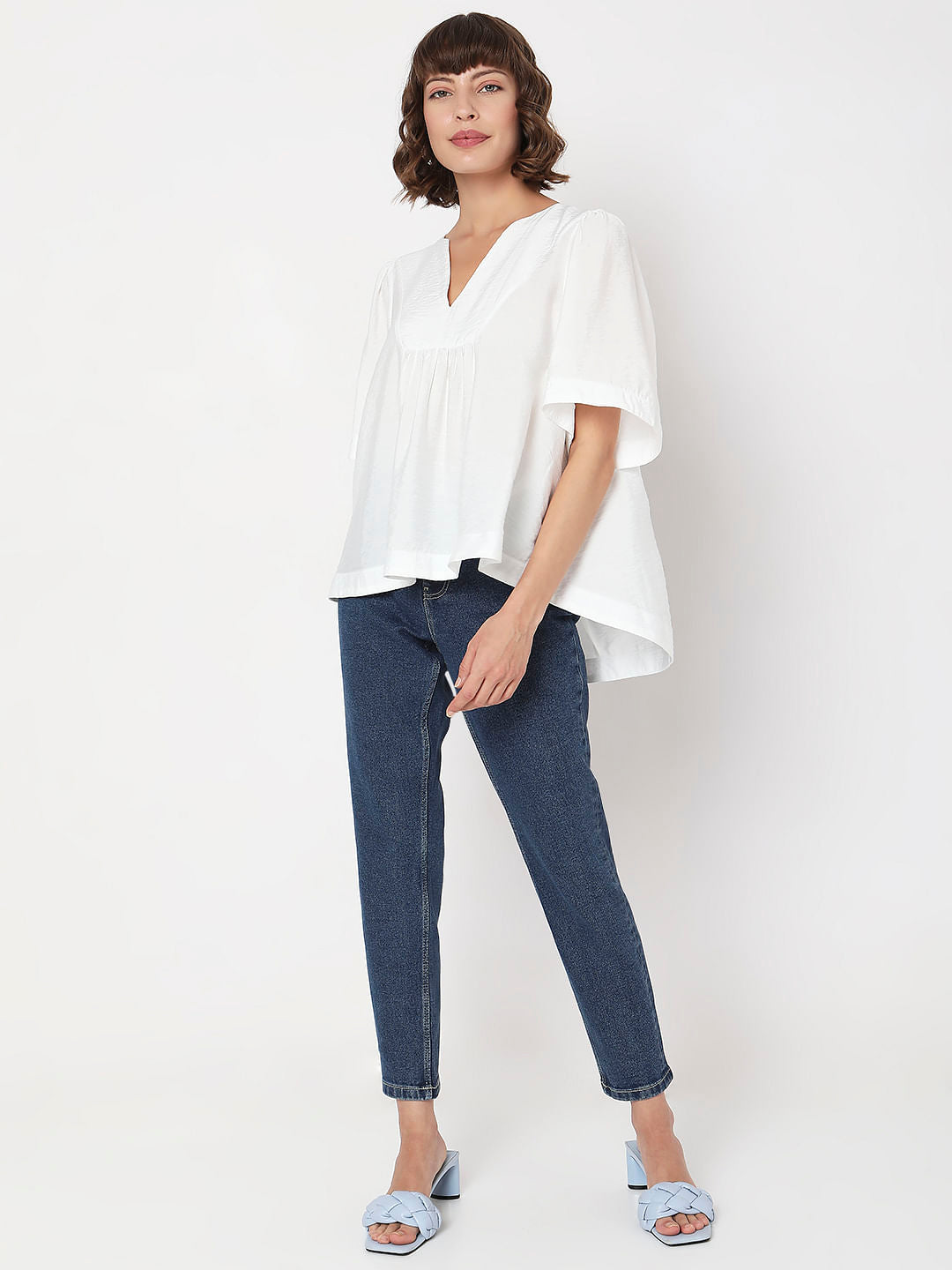 White V-Neck Flared Top