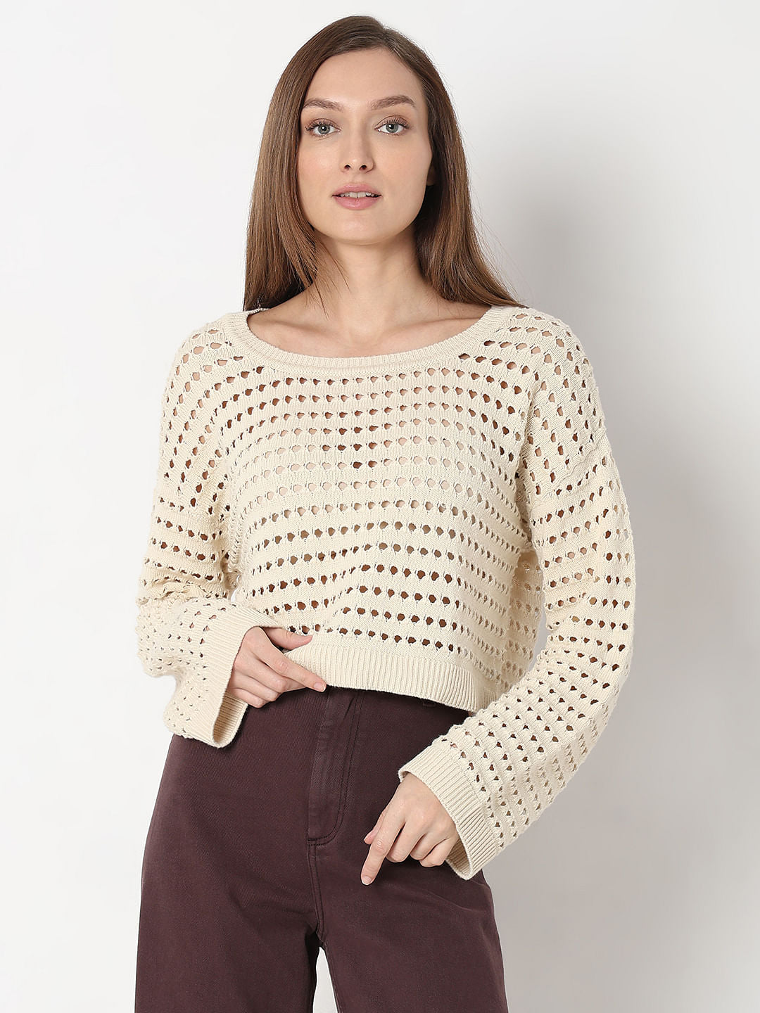 Ecru Knit Flared Sleeves Top