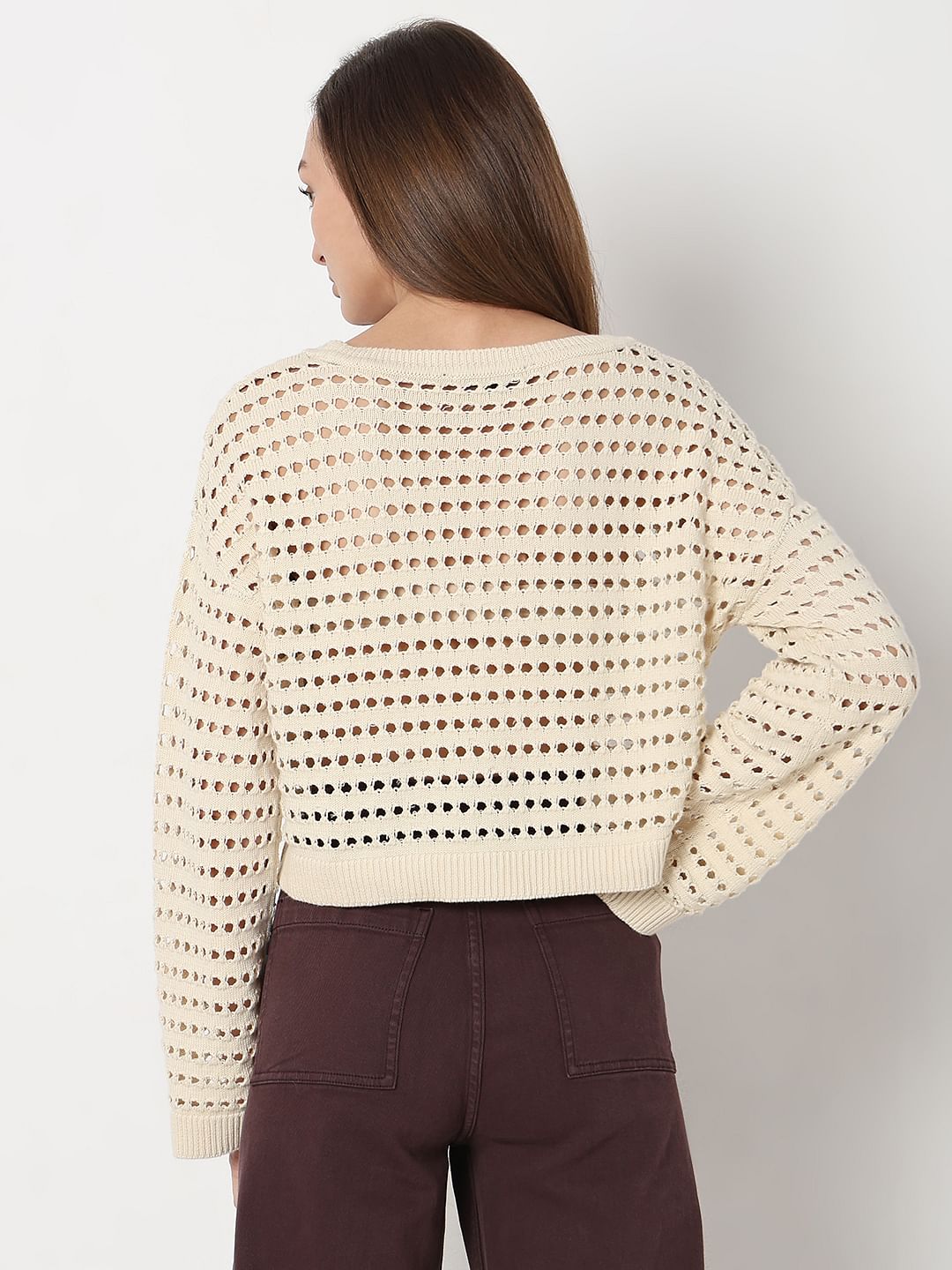 Ecru Knit Flared Sleeves Top