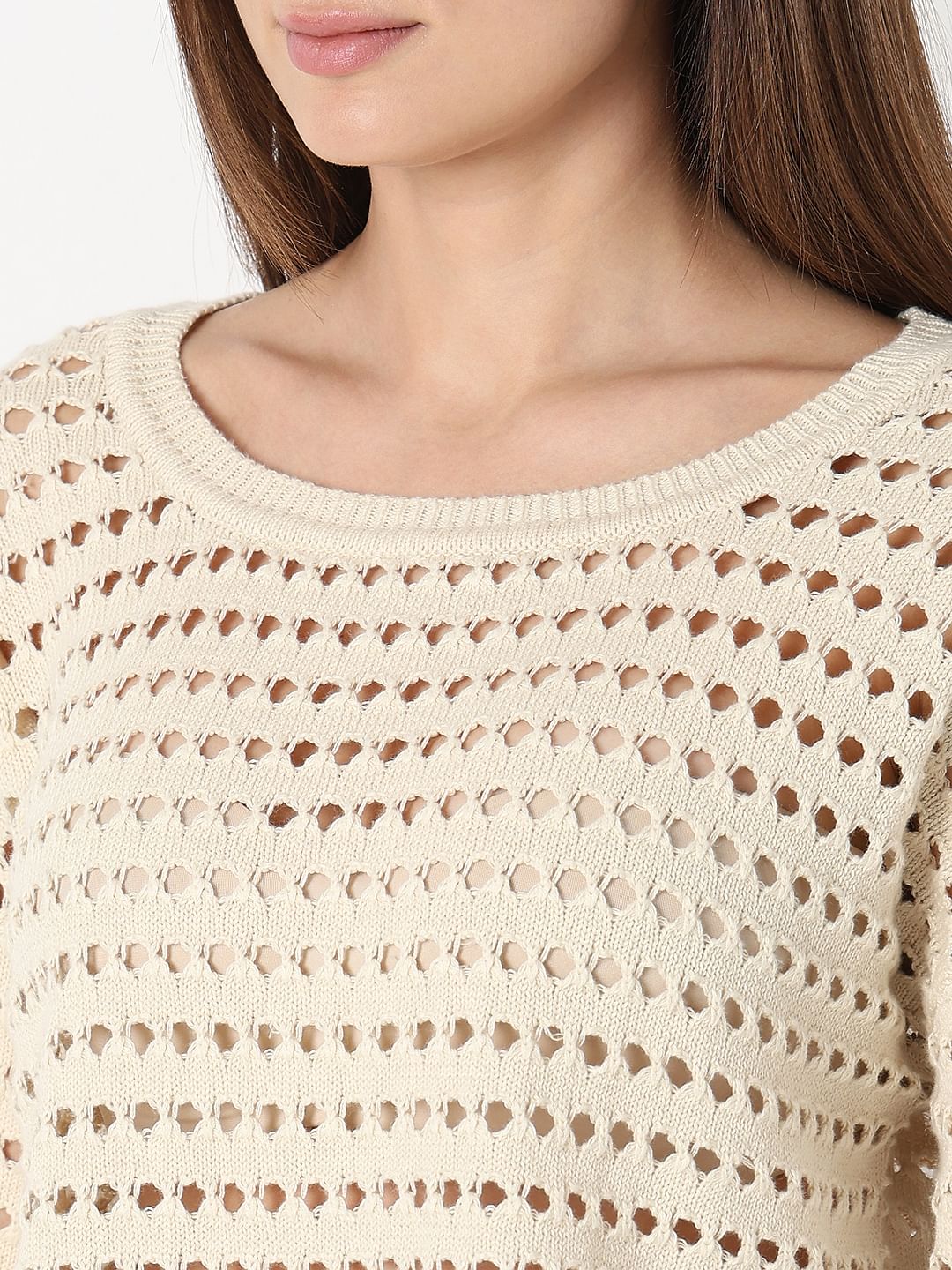 Ecru Knit Flared Sleeves Top