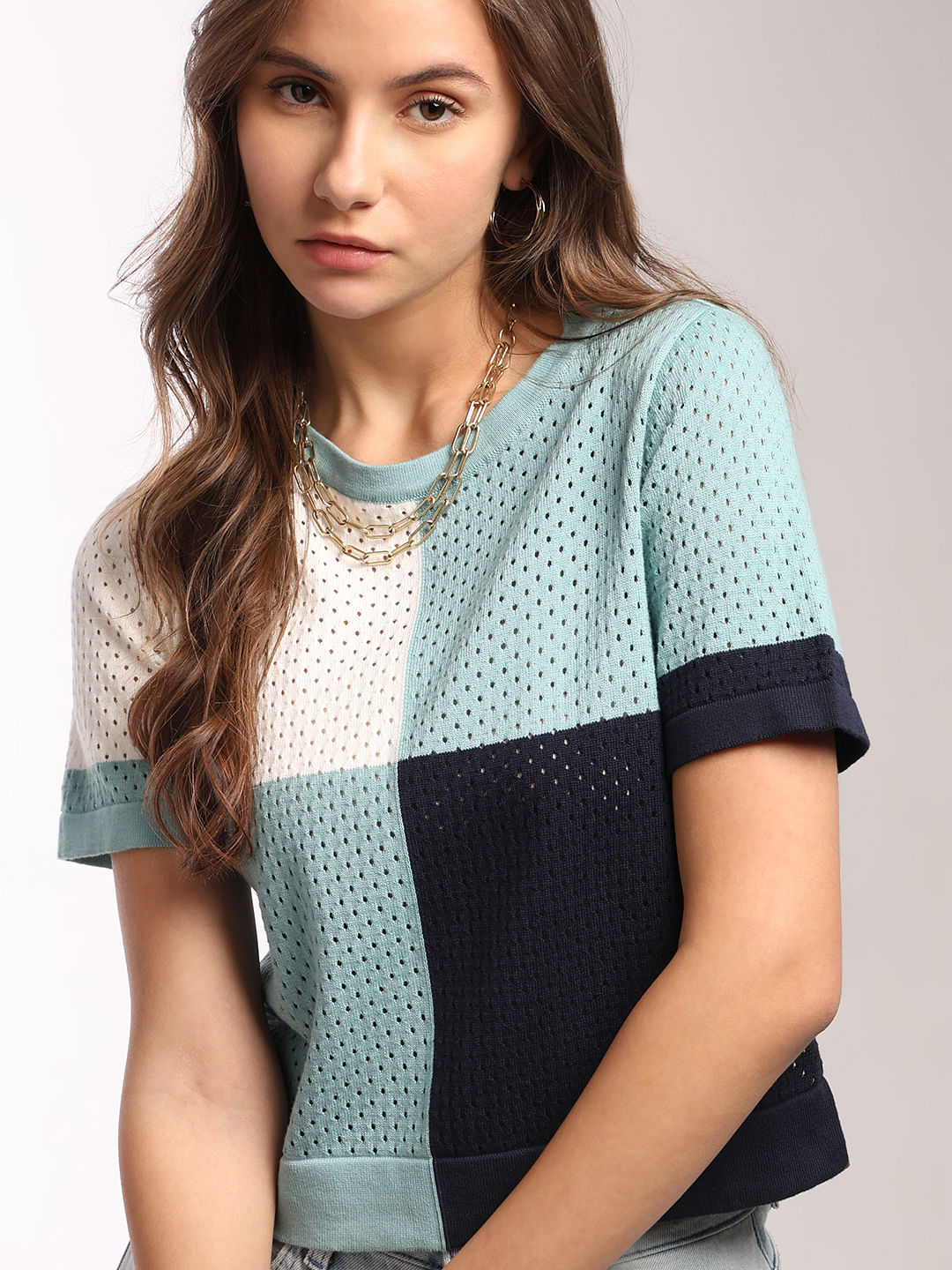 Blue Colourblocked Knit Top