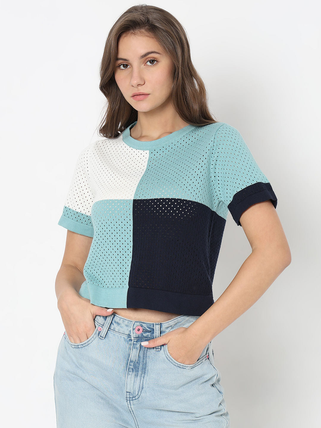 Blue Colourblocked Knit Top