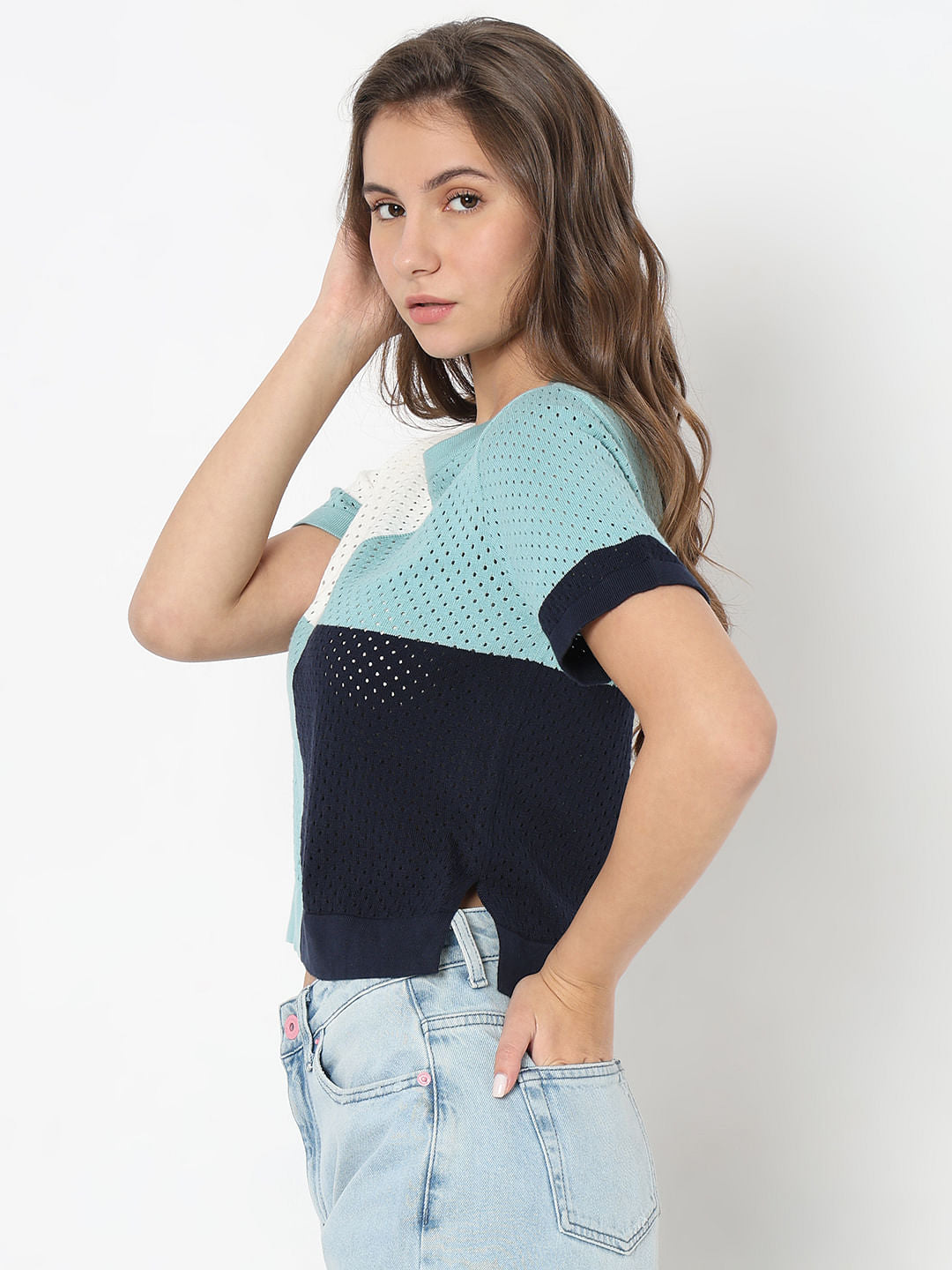Blue Colourblocked Knit Top