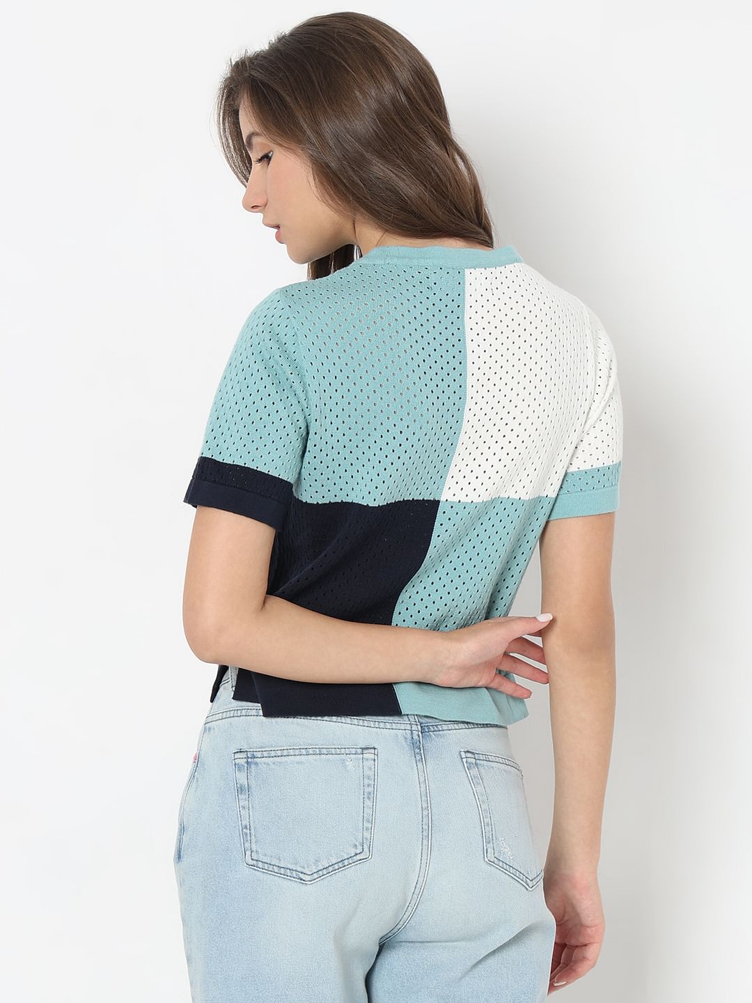 Blue Colourblocked Knit Top