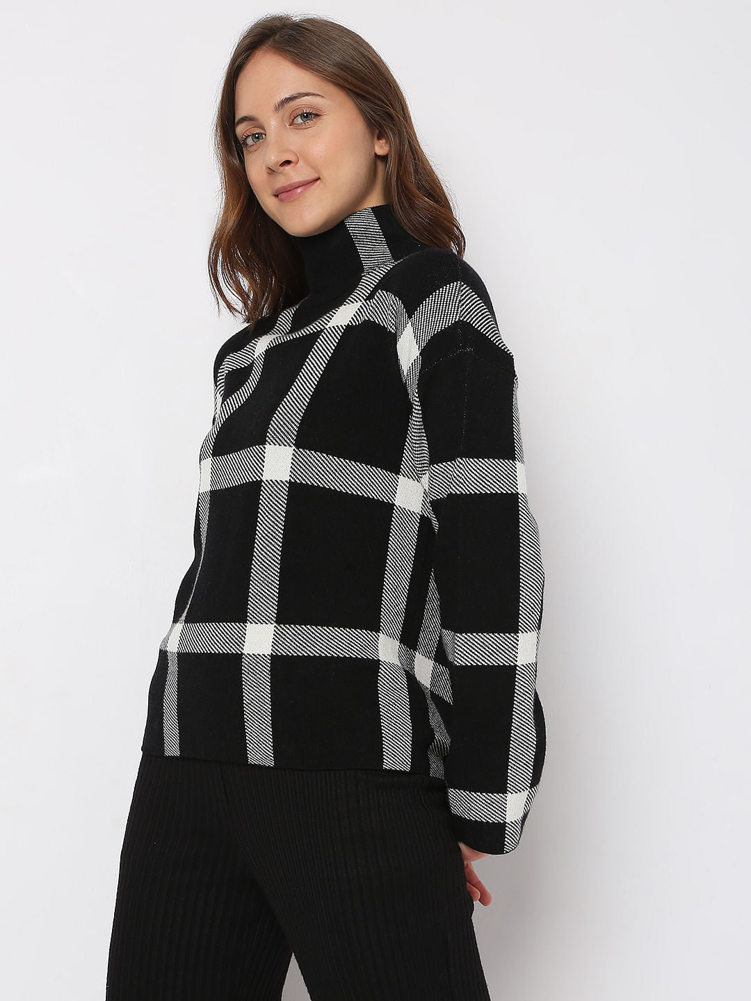Black Check High Neck Top