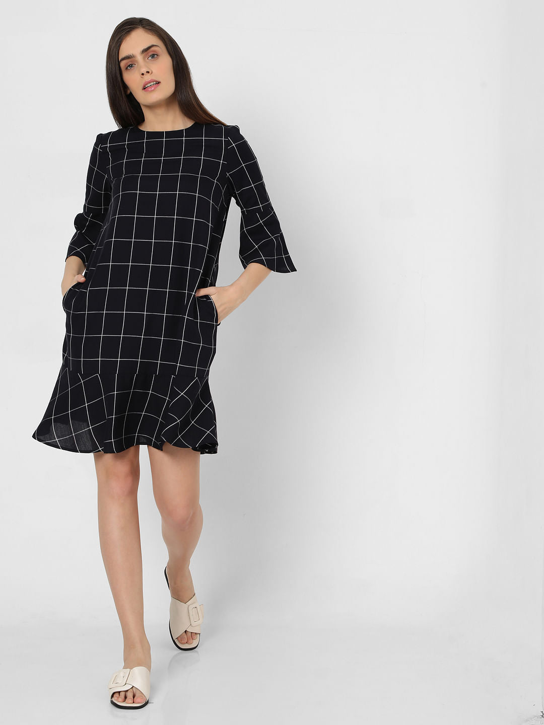 Navy Blue Check Shift Dress